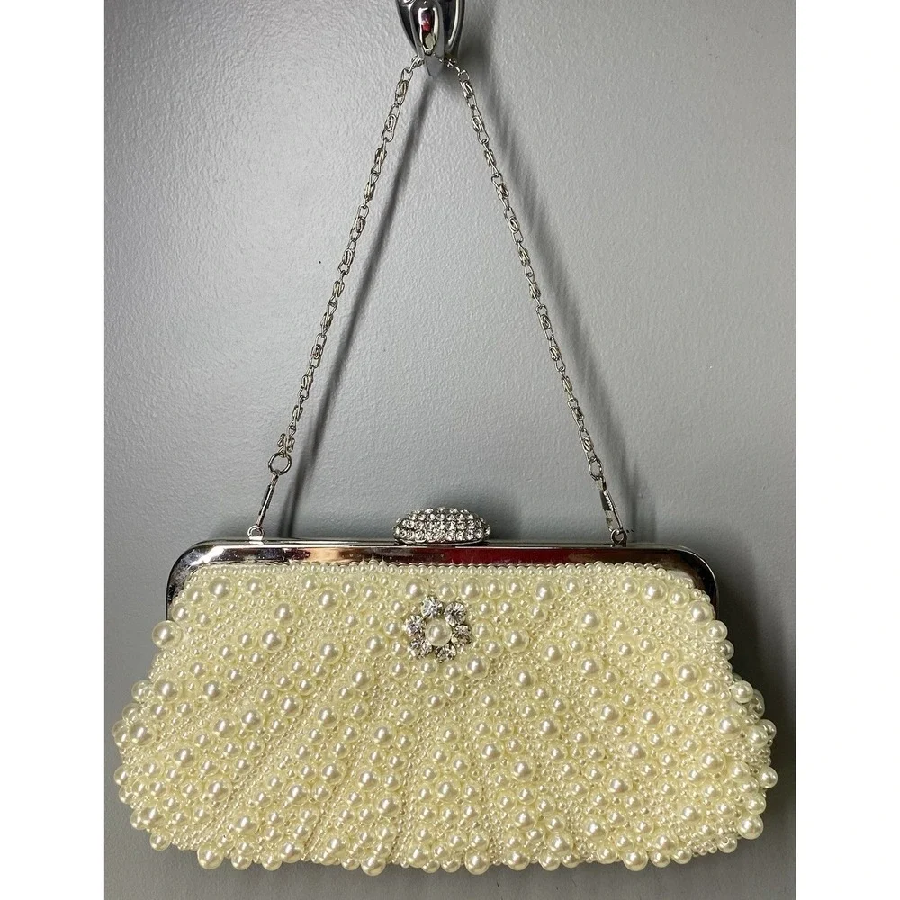 Women Ivory Pearl&Rhinestone Dress Clutch Purse Wedding Prom Crossbody 5x9.5x1